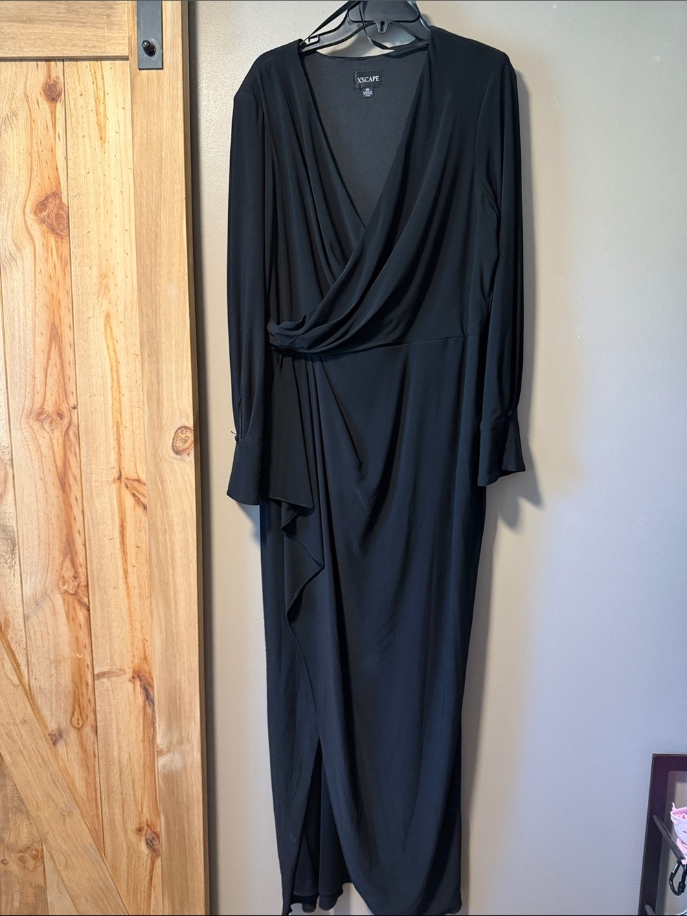 Xscape Black Long Sleeve Draped Wrap Maxi Dress